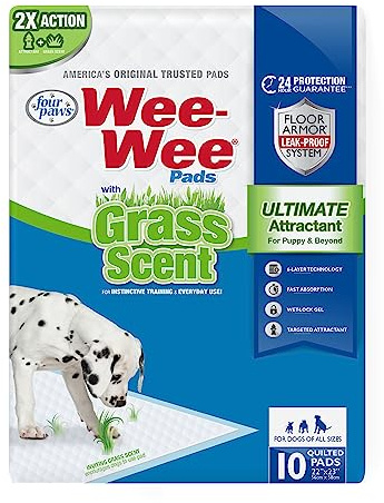 Four Paws Wee-Wee Ultimate Attractant Grass Scented Pee Pads for Dogs & Puppies, Leak-Proof Dog Housebreaking Instinctive Potty Training Floor Protection, 22 x 23, 10 Count