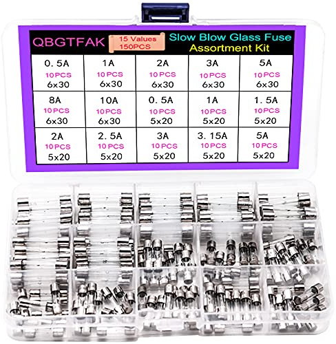 QBGTFAK 15 Values150pcs Slow Blow Glass Fuses Assorted Kit 6x30mm, 250V 0.5A, 1A, 2A, 3A, 5A, 8A, 10A, 5x20mm, 250V 0.5A, 1A, 1.5A, 2A, 2.5A, 3A, 3.15A, 5A, packag in a Clear Plastic Box
