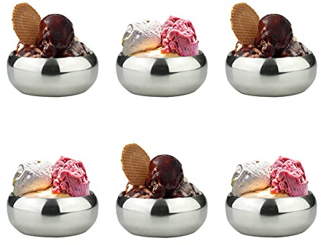 GK Global Kitchen Stainless Steel Ice Cream Bowls Set of 6 - Dessert Cups for Mini Fruit Salad, Cocktail, Pudding, Appetizers, Nibbles, Sauce Dips and Condiment (9cm)
