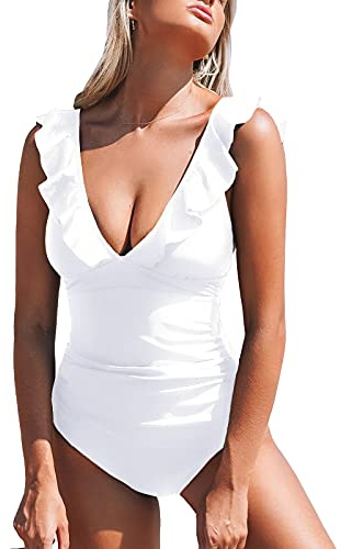 Cupshe, Costume da bagno intero contenitivo da donna, con volant e chiusura con lacci, bianco, M