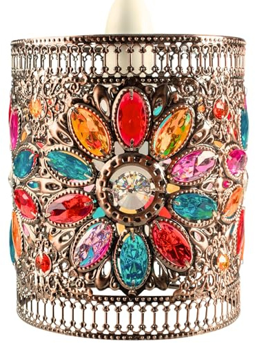 Loxton Lighting Moroccan Style Jewel Drum in Amber, Blue, Red and Yellow on a Copper Frame - Beautiful Lampshade pendant for bedrooms, living rooms, hallways, any room