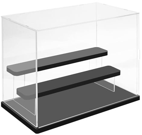 Nynelly Présentoir à 3 niveaux en acrylique transparent avec porte, vitrine de comptoir pour objets de collection, organisateur de rangement résistant à la poussière (base noire, marche)