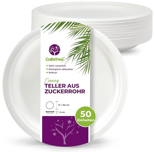 GoBeTree 50 Stück runde Pappteller aus Zuckerrohr, 26 cm, weiß. Extra starke Einweg-Pappteller für Camping, Picknick, Partys, Grillabende, Geburtstage.