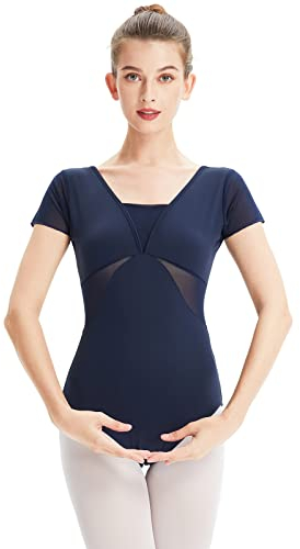 boruizhen Ballett Trikot Damen Turnanzug Mädchen Kurzarm Gymnastikanzug Mesh Tanztrikot mit BH-Pad Blau,XXL