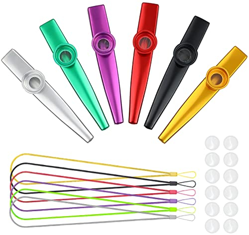 Fansjoy Kazoos Metall 6 Stück, Kasu Musikinstrumente aus Aluminium mit 12 Flötenmembranen für Erwachsene und Musikliebhaber Anfänger