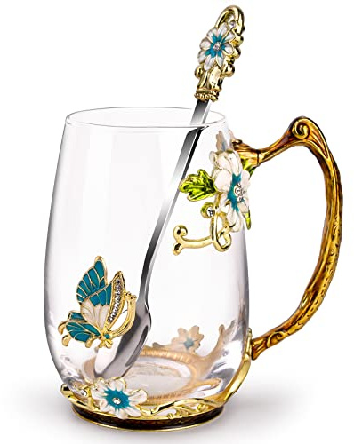 OEAGO Birthday Gifts for Women Mom Glass Coffee Enamels Mug Best Mothers Day Butterfly Gifts for Her from Daughter Son Lead-Free Christmas Tea Cup with Spoon Sets