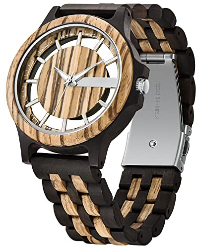Tiong Colorful Wooden Watch Mens Skeleton Dial Full Wood Quartz Watches Wood Strap Watch for Men
