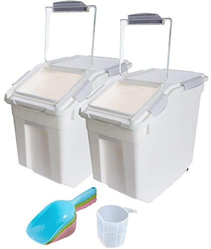 Saim 2 Pcs Large Dog Food Storage Containers Dry Food Dispenser Storage Tank Pet Dog Cat Food Bin with Locking Lid,Measuring Cup,Scoop & Wheels,33 LB Capacity,Grey