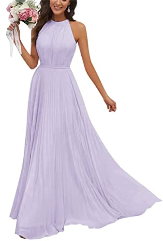 Damen Halfter Brautjungfernkleider für Hochzeit Lang A Linie Chiffon Formal Abendkleid 2023 Smaragdgrün, Flieder, 34
