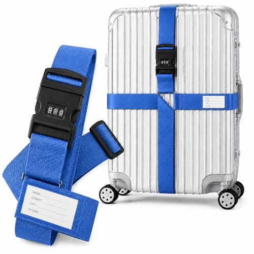 König Design Koffergurt - Zahlenschloss - Verstellbar und Blau - Inklusive Namensschild - Kofferband für Flugreise - Gepäckgurt Kofferband Zubehör
