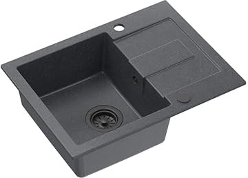 QUADRON fregadero de cocina negro | tamaño 60 x 45 x 18,5 cm | fregadero de granito CHRISTIAN 111 fregadero de un seno | con sifón manual y escurridor | fregadero de encastre de 1 seno