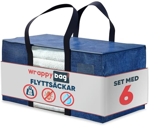 WRAPPYBAG Set med 6 Stora Förvaringsväskor – XXL-väskor för Flytt & Resa – Starka, Tjocka & Vattenavvisande – Med Förstärkta Handtag – För Kläder & Sängkläder – 75 x 36 x 38 cm