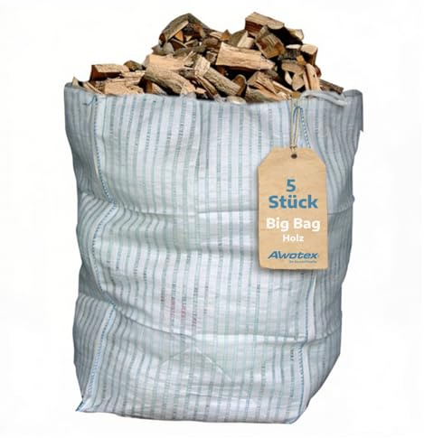 AWOTEX 5 x Big Bag Holz unbeschichtet in 100 x 100 x 165 cm I Big Bag Säcke luftdurchlässig mit geschlossenem Boden I Big Bags mit 900kg Traglast I Baustellen-Zubehör I Holz Big Bag