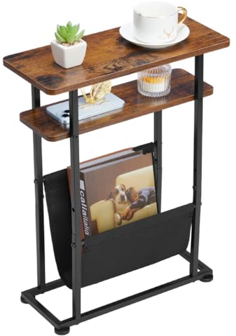 ZEXVIDA Kleiner Beistelltisch für kleine Räume, Schlanker Couchtisch mit Zeitschriftenhalter - 2 in 1 Schmaler Sideboard Wohnzimmer, Dünner Nachttisch Schlafzimmer mit Ablage(Rustikal Braun)