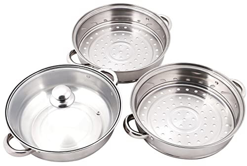 ANSNOW Juego de Olla de Vapor de 3 Niveles, Olla de Acero Inoxidable de 28 cm con Tapa de Vidrio, Olla de Vapor, Olla de Vapor para Verduras Y Carne, Vaporera de Metal para Estufa