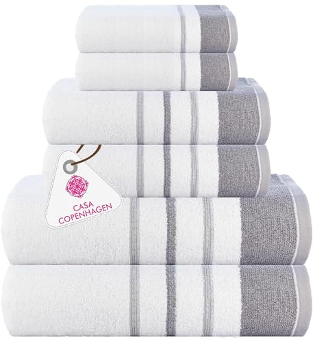 Casa Copenhagen White Bay-Handtuch aus 600 g/m² ägyptischer Baumwolle für Hotel, Spa, Küche und Bad, 6-teiliges Set mit 2 Bädern, 2 Händen, 2 Waschlappen – Weiß mit Dunkelgrau und Hellgrauem Rand