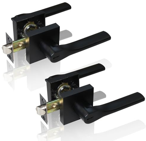 DSJJBLL Bouton de porte noir mat, serrure de porte intérieure sans clé, poignées de porte réversibles de style carré, leviers de porte robustes pour portes de chambre à coucher, de salle de bain