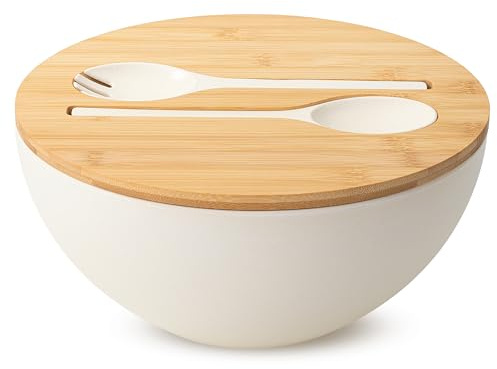 BAMBOO LAND - Saladier extra large avec couvercle en bois, 29 cm/5 018 g, blanc, bol à salade en fibre de bambou avec ustensiles de service, de nombreuses utilisations