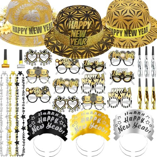Bdecoll 42Stück Glitzer Silvester Deko 2026 Set,Happy New Year Haarreif Kopfschmuck Partyhüte Accessories - Frohes Neues Jahr - Neujahrsdeko - Dekoration zu Neujahr 2026