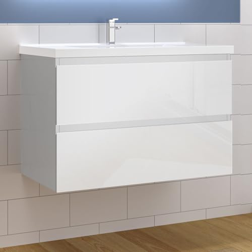 Aica Sanitär Waschtisch mit Unterschrank 80cm Alast Badmöbel Set Hochglanz Weiß Keramik Waschbecken mit Unterschrank MDF Softclose