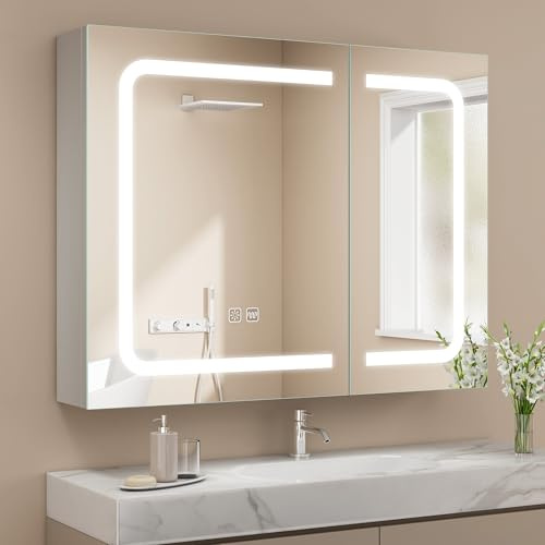 STARLEAD Bathroom-Mirror-Cabinets-with-LED-Lights 800 x 600 mm, Bathroom-Cabinets-with-Mirror 3 Colors Dimmable, Defogger, IP44 LED-Bathroom-Wall-Cabinets with Shaver Socket, Double Door, White