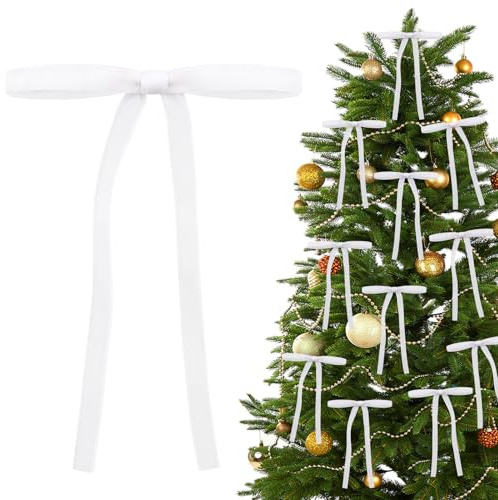 Shining She 30 PCS Christmas Velvet Bows, 5 x 7in Christmas Tree Bow Ornaments, Vintage Velvet Christmas Tree Bow Decorations, Velvet Bows with Twist Ties for Xmas Wreaths Garland Tree, White