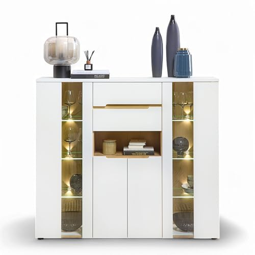 MEMPHIS Highboard in Weiß mit Artisan Eiche Optik und LED-Beleuchtung | 145 x 127 x 38 cm (B/H/T), Wohnzimmerschrank mit Schubladen, Glastüren, Holztüren und offenem Fach