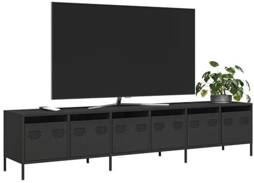 Homgoday Meuble TV noir 202 x 39 x 43,5 cm en acier laminé à froid, meuble TV meuble bas pour TV pour table de salon industriel, support TV salon M-3307149