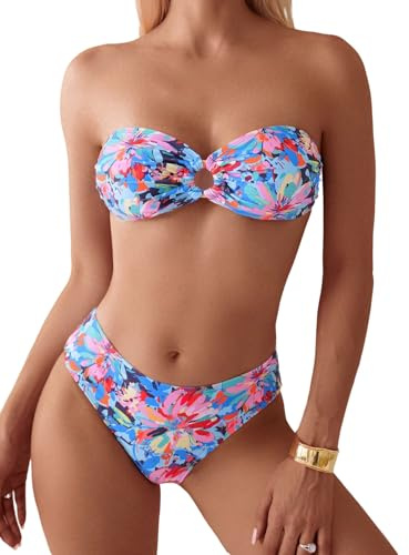 GORGLITTER Sexig bandeau bikiniset dam axelbandslös bikini med blommor tvådelad baddräkt hög midja bikinis tanga badkläder baddräkt, Ljusblå, M