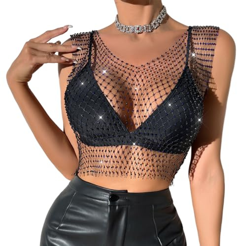 CATOR Mesh Kristall Top Festival Outfit Strasssteine Fischnetz ausgehöhltes Tank Top glitzerndes Körper Accessoire für Frauen und Mädchen - V - Schwarz