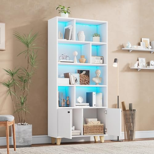 LAKFEW Bücherregal mit Türen und LED-Leuchten, Standregal mit Ablagefächer, Bücherregale mit Beine aus Massivholz, Regale Wohnzimmer, 80x30x173 cm, Weiß