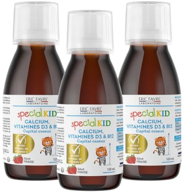 SPECIAL KID CALCIUM, VITAMINES D3 & B12 - Croissance & Développement Osseux - Solution Buvable 125 ml - Goût Fraise - Bouchon Doseur - Programme 75 Jours - Eric Favre Laboratoire