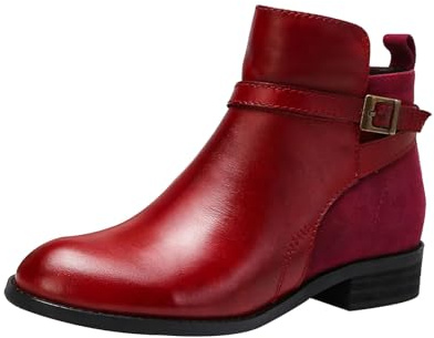 Botines para mujer, cuero negro, detalle de hebilla dorada, botas de tacón bajo de bloque cosido, zapatos planos lisos, Red, 41 EU