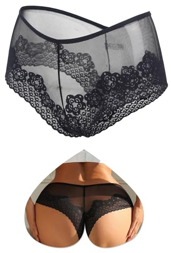 ohmydear Women Lace French Knickers Sexy Sheer Mesh Cheeky Tangas Briefs | Plus Size Breathable Stretchy Sexy Panties Ladies Cotton Crotch Hipster Underwear for Daily Wear or Special Occasions