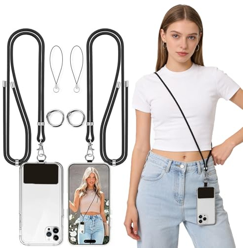 hoinya Phone Lanyard Crossbody Neck Strap, 2 Pcs Adjustable Anti-Theft Phone Strap with 2 Patch Holder, Phones Chain Compatible with Most Smartphones, Key Lanyard, Black