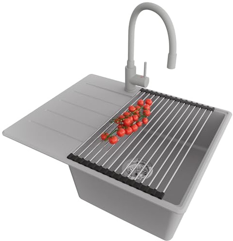 PRIMAGRAN Lavandino da Cucina Grigio 62x50cm, Lavello in Granito a 1 vasca + Rubinetto 38x14cm + Set di accessori, Lavabo Incasso al mobile 45cm - Copenhagen