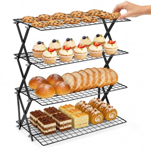 AEVORA 4 Tier Collapsible Cooling Rack for Baking, 45.5x45cm Large Lron Wire Cake Cooling Rack - Heavy Duty & Space Saving, Foldable Baking Rack for Cookies, Bread, Kitchen & Camping