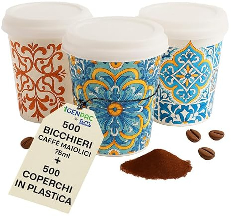 G.M. DISTRIBUZIONE GM - 500 Bicchieri Decorati Maiolica in Carta Bio Compostabile 75 ml con Coperchi Rigidi – Riutilizzabili, Ecologici – Ideali per Caffè – Perfetti per Bar, Uffici e Take Away