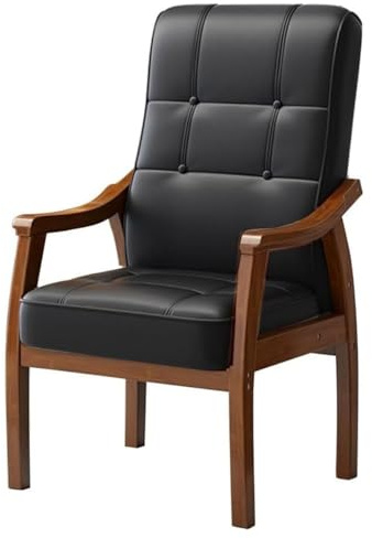 Lädermatstolar Kontorsstol Med Hög Rygg Och Träben Läsfåtölj Med Mjukt Vadderad Sits Kraftiga Receptionstolar Med Armstöd I Trä(Black,Brown legs)