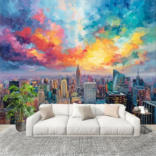 Genérico Papel Pintado Panorámico 350x256 cm Acuarela De Una Ciudad Bulliciosa Personalizable Fotomurales No Tejido Póster Pared Decoración Colorato 3D Duradero y Resistente a las manchas Fotomurales