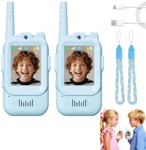 Talkie Walkie Enfants avec Vidéo & Caméra HD, 4 Modes de Voix Changée, Batterie Rechargeable et Matériau ABS sûr pour Un Anniversaire ou Noël (2 Bleu)