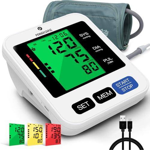 PANACARE 1.0 Vollautomatisch Oberarm Blutdruckmessgerät, 3-Farbiges Großes Display mit Hintergrundbeleuchtung| English Sprache | 2Users&198Daten| Manschette von 22-42cm