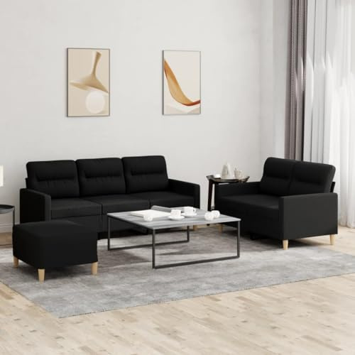 Yisssmeng Schwarze 3tlg. Sofagarnitur 138/198 x 77 x 80 cm Stoffbezug Atmungsaktiv Dick gepolstert Zweisitzer Dreisitzer mit Ottomane Modernes Design für Wohnzimmer Büro Flur