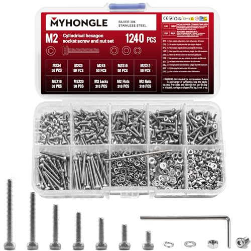 1240 Stück M2 Schrauben Set Metrisch, Zylinderkopfschrauben Muttern Set, Zylinderschrauben, Edelstahl Innensechskantschrauben und Muttern Unterlegscheiben Sets, Maschinenschrauben Sortiment