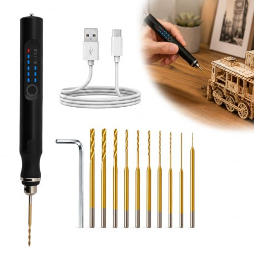 3-Speed Mini Electric Drill Pen Rechargeable with 10 Bits Black | 3-Speed Adjustable, Rechargeable Design, Includes 10 Drill Bits, Suitable for DIY Crafts, For Resin, Wood & Jewelry Making