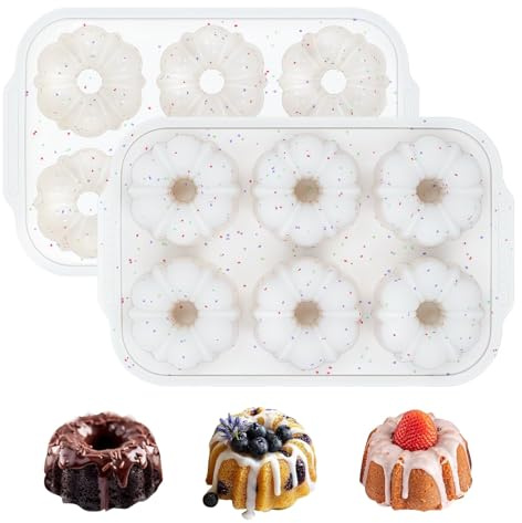 Mini Fluted Tube Pan, 2 Pack, 6-Cavity Silicone with Metal Reinforced Frame, Nonstick, BPA Free, for Chocoflan, Donuts, Cornbread, Brownies (White)