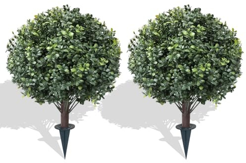 2Pcs Artificial Boxwood Topiary Balls Trees, 23 Inch Faux Shrubs Plants with Ground Spikes, Decorative Evergreen Plants for Garden Yard Patio Outdoor Indoor