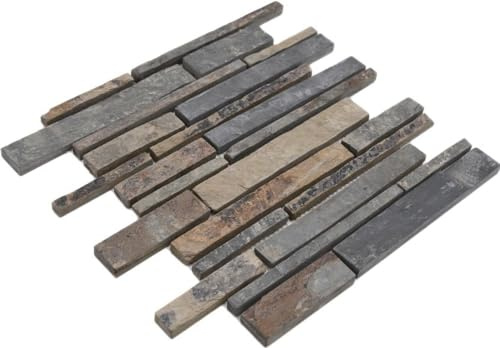 Mosaik Fliese Schiefer Naturstein rost Brick Schiefer rustik für BODEN WAND BAD WC DUSCHE KÜCHE, Mattengröße: 305x300 = 0,09 qm, Steingröße: 198+98x12x23x31x8 mm - 1 Matte