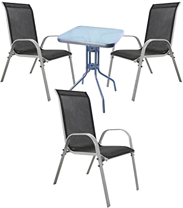 Mojawo® Bistrogarnitur 4-teilig Bistrotisch Glas/Metall Rund 60 x 60cm H70cm Silbergrau + 3 Stapelstühle Metall/Textilien