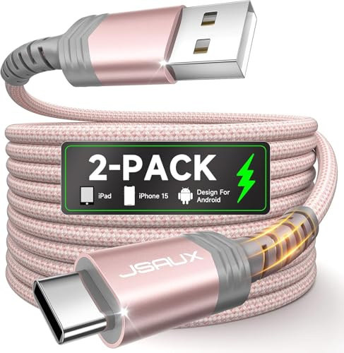 JSAUX USB auf USB C Schnellladekabel, 2 Stück 2M+2M - Rosa | 3.1A Laden, 480Mbps Sync, Nylon Geflochten, 40.000+ Biegungen, Sicherheitschip, für Android Auto und iPhone CarPlay